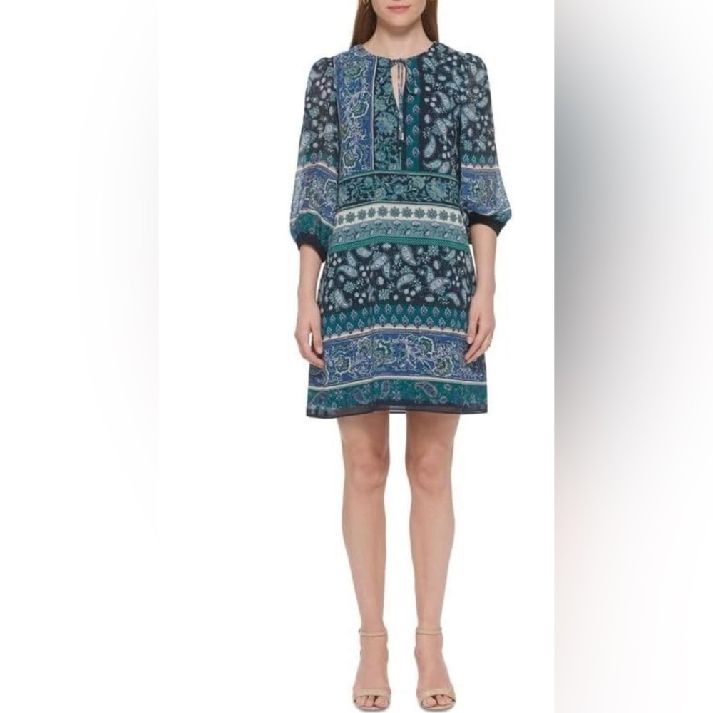 Vince Camuto Paisley Shift Dress Balloon-Sleeve Women's Blue Green Size 6